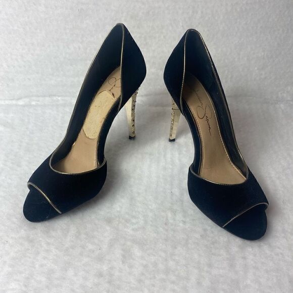 Jessica Simpson Black Velvet Gold Trim Peep Toe Heels - Picture 1 of 6